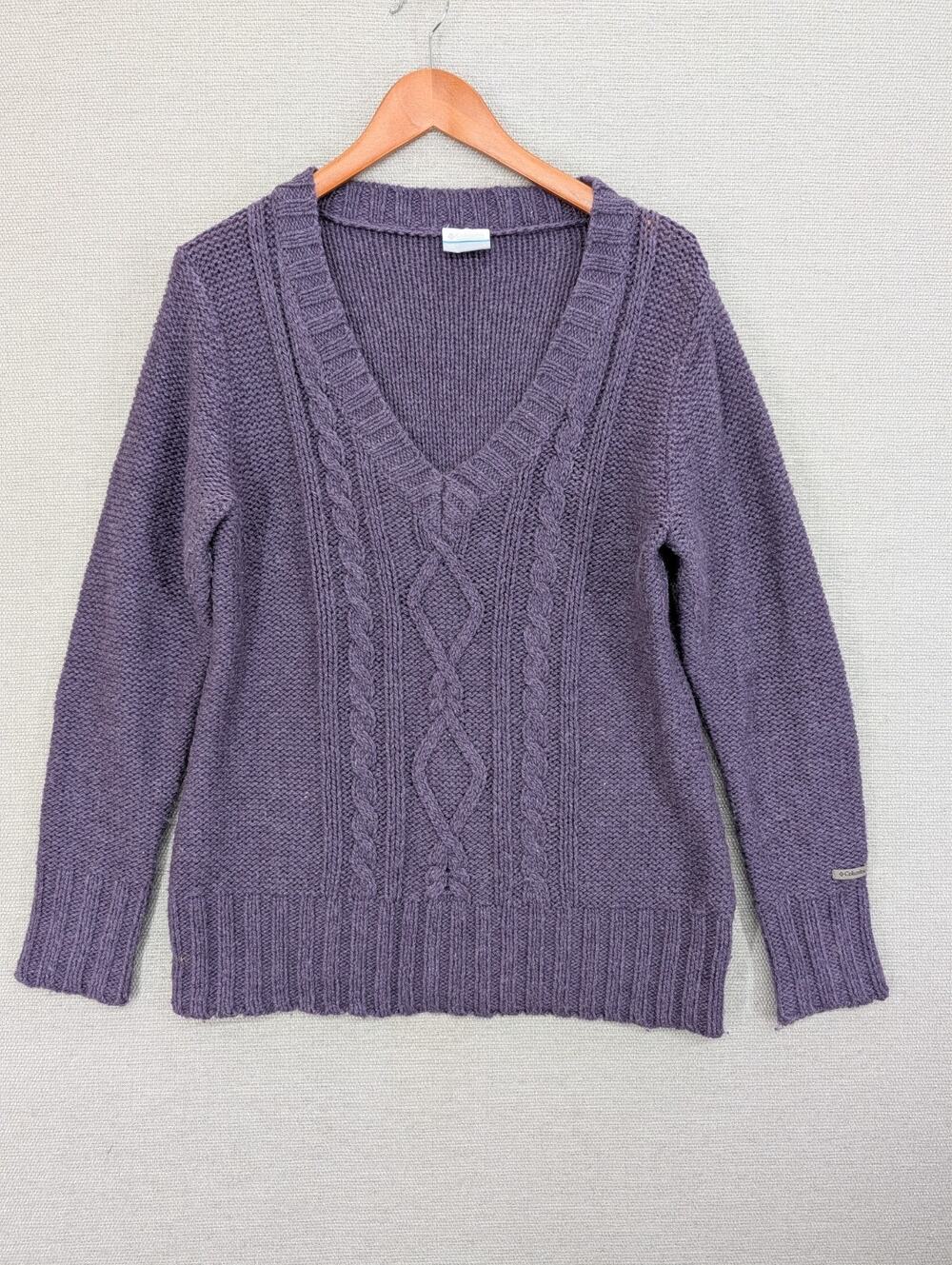 Columbia Women’s Sweater Size Large Purple Cable Knit V Neck -0226E07